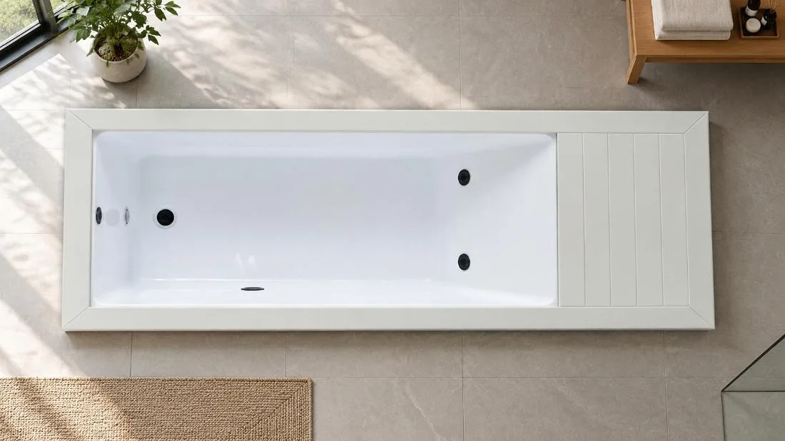 White Acrylic Cold Plunge Basin Interior Direct overhead view of the white OF-CP01 cold plunge basin displaying dual jet nozzles and drainage floor
