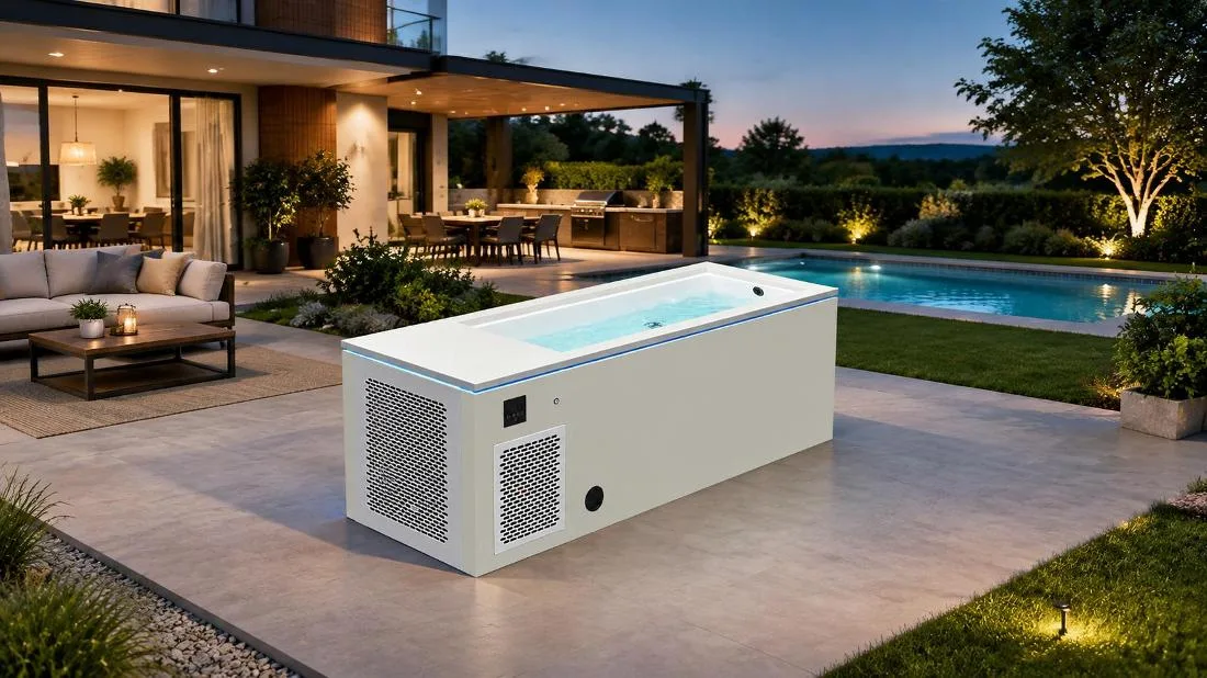 OF-CP01 Cold Plunge Tub in Outdoor Patio Setting Outdoor residential patio setting with an OF-CP01 cold plunge tub installed on modern decking