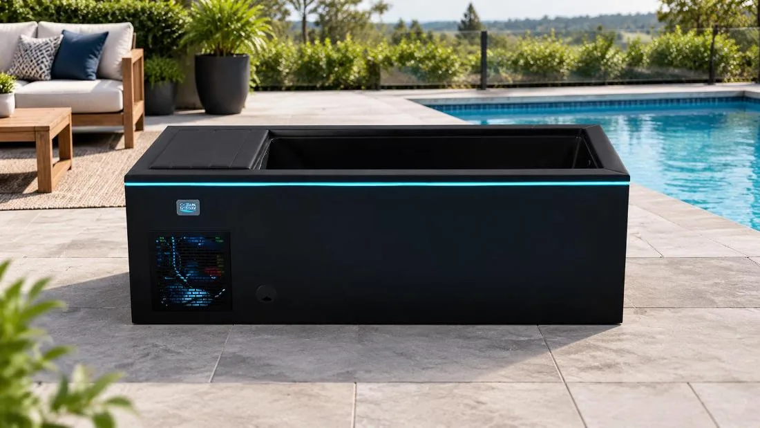OF-CP01 Exterior Cabinet and Perimeter Illumination Front horizontal view of the black OF-CP01 cold plunge tub with cyan LED perimeter illumination