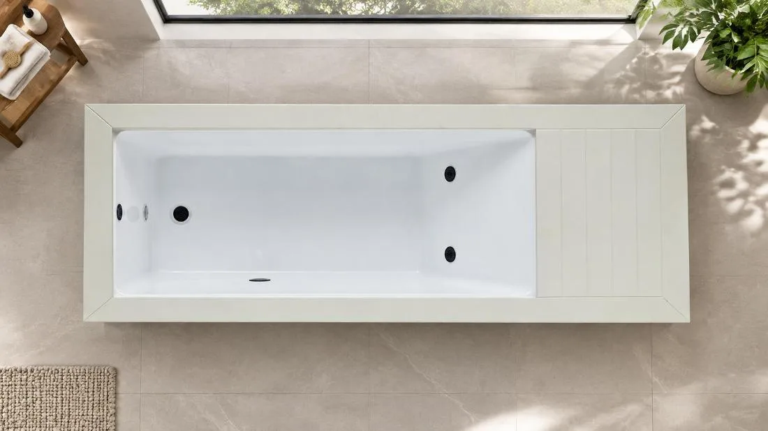 OF-CP01 Tub Basin and Deck Configuration Overhead plan view of the white OF-CP01 cold plunge tub interior basin and access deck