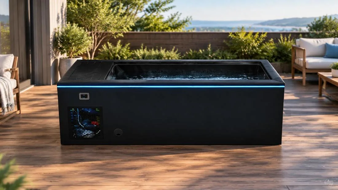 Black exterior cold plunge tub with blue LED perimeter lighting Front-facing horizontal eye-level view of the black OF-CP01 cold plunge tub featuring a cyan-blue LED perimeter accent strip