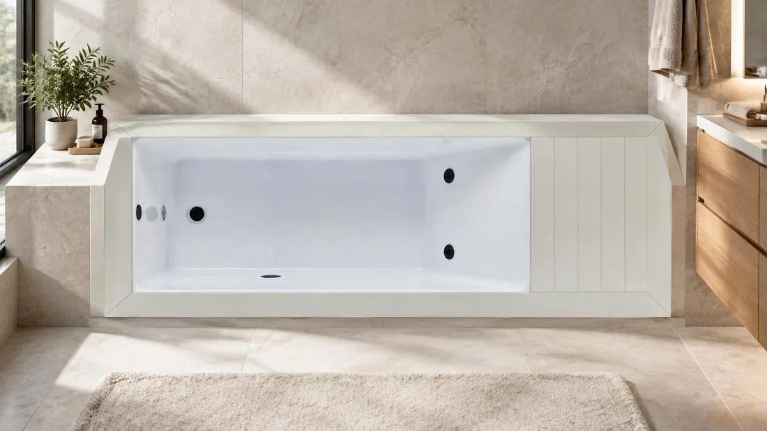 Overhead view of white acrylic plunge basin with hydrotherapy jets Direct overhead plan view of the white acrylic cold plunge basin showing dual hydrotherapy jets and segmented equipment access deck