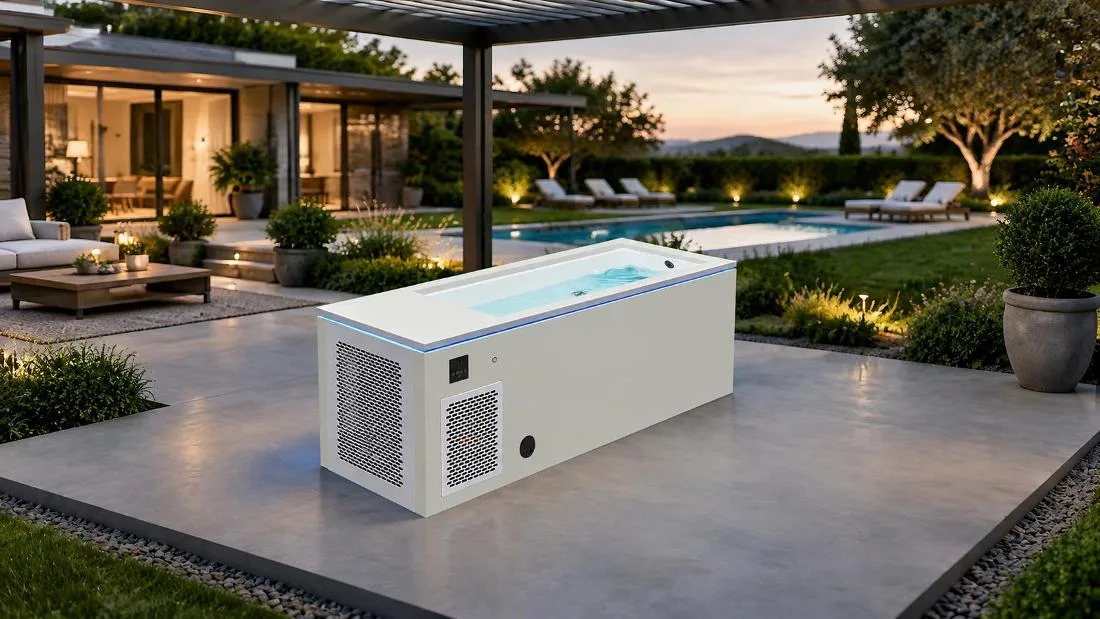 Residential outdoor cold plunge patio installation Modern residential backyard patio installation of the OF-CP01 cold plunge tub integrated into outdoor landscaping