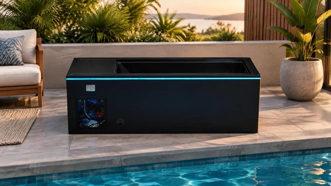 OF-CP01 Black Exterior Cabinet Studio View Front horizontal eye-level studio view of the black OF-CP01 cold plunge tub featuring perimeter LED lighting and access grille