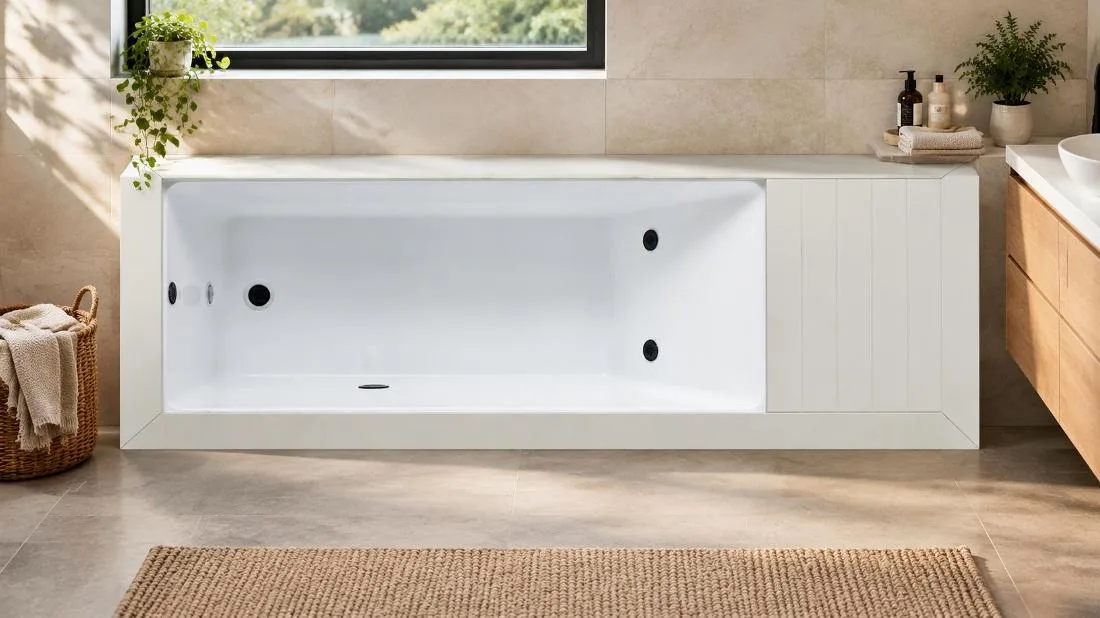Interior Acrylic Basin and Hydrotherapy Jets Overhead view of the white acrylic cold plunge tub showing interior hydrotherapy jets and drainage fittings