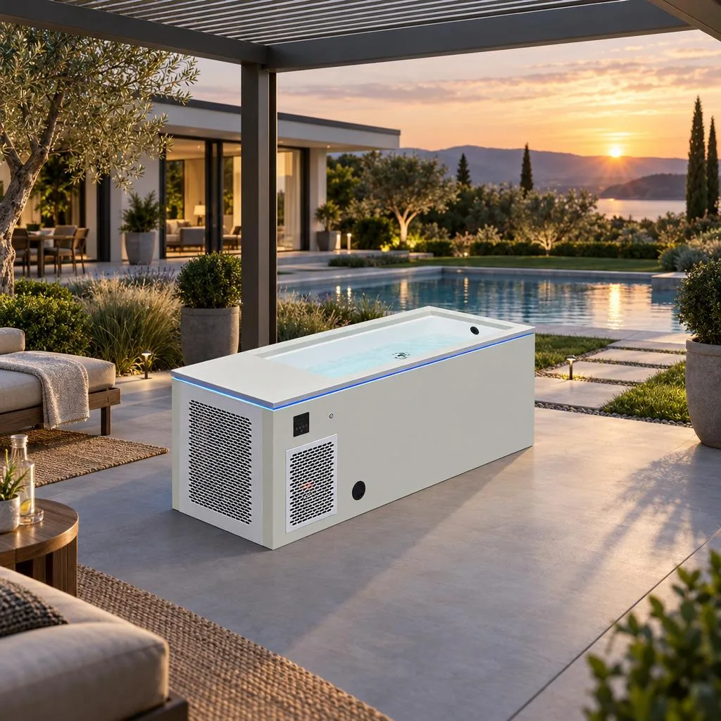 Residential Patio Installation Cold plunge tub installed on an outdoor residential backyard patio