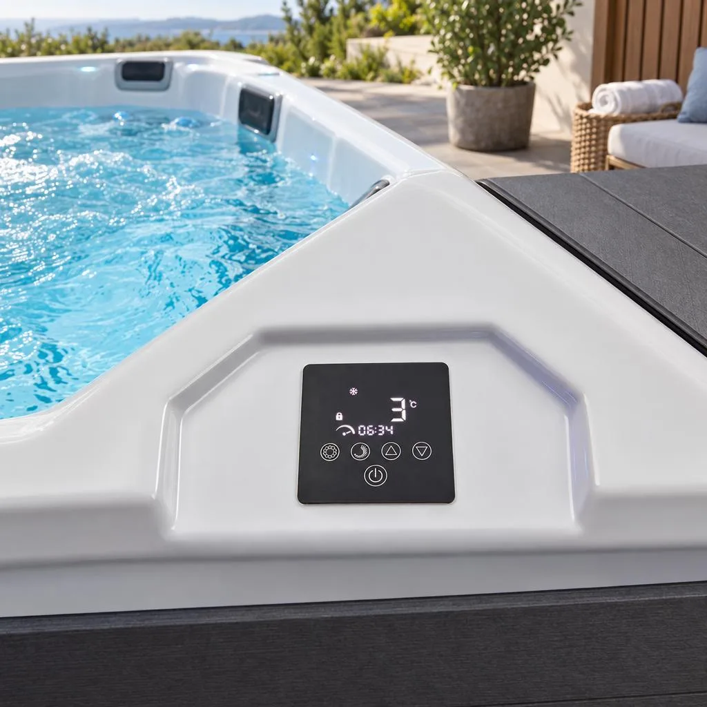 Digital Touchscreen Temperature Controller Close-up view of the built-in digital touch control panel on the white acrylic tub ledge displaying water temperature and operational icons