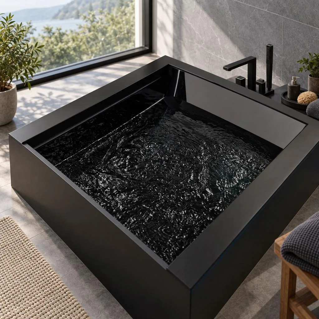 Freestanding Single-Person Cold Plunge Profile Studio perspective view of the freestanding single-person cold plunge tub with finished cabinet skirting