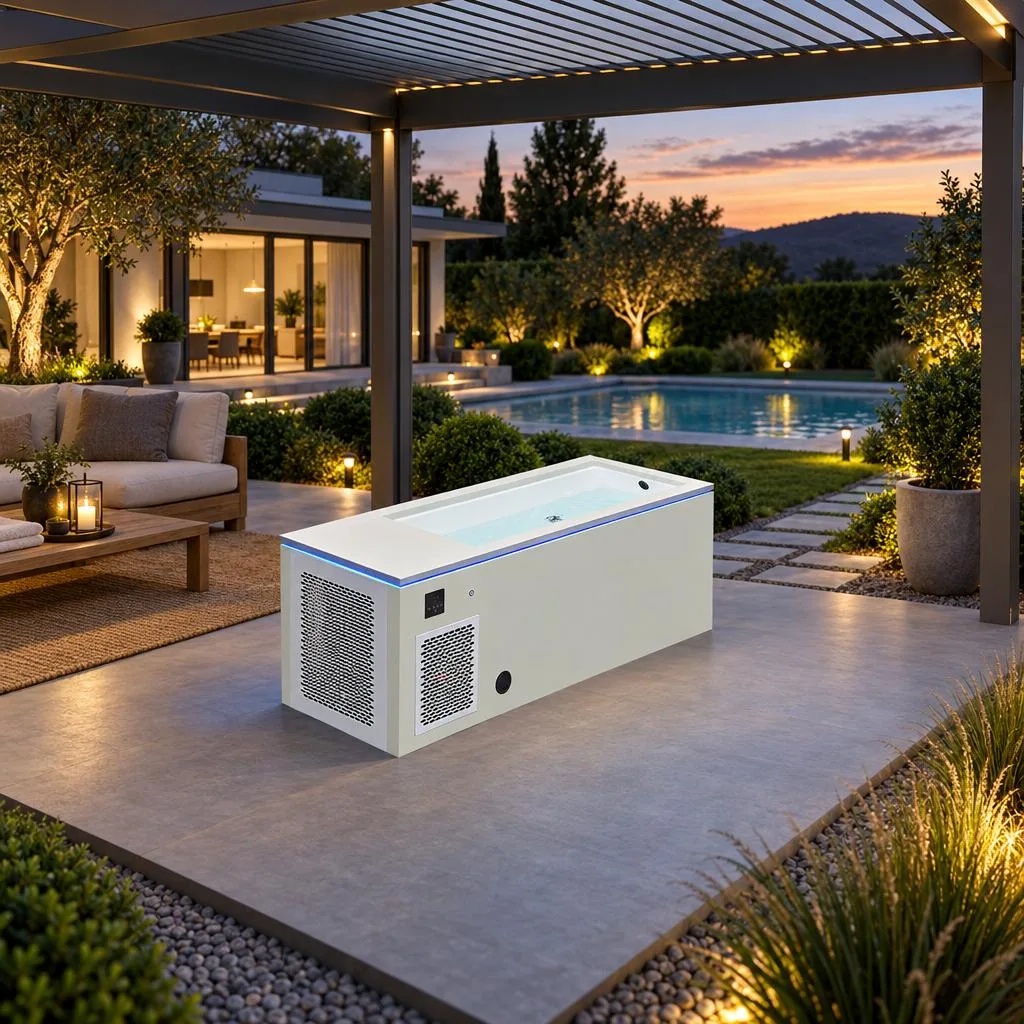 Outdoor Patio Cold Plunge Installation Outdoor lifestyle setup showing the cold plunge tub installed on a modern residential backyard patio
