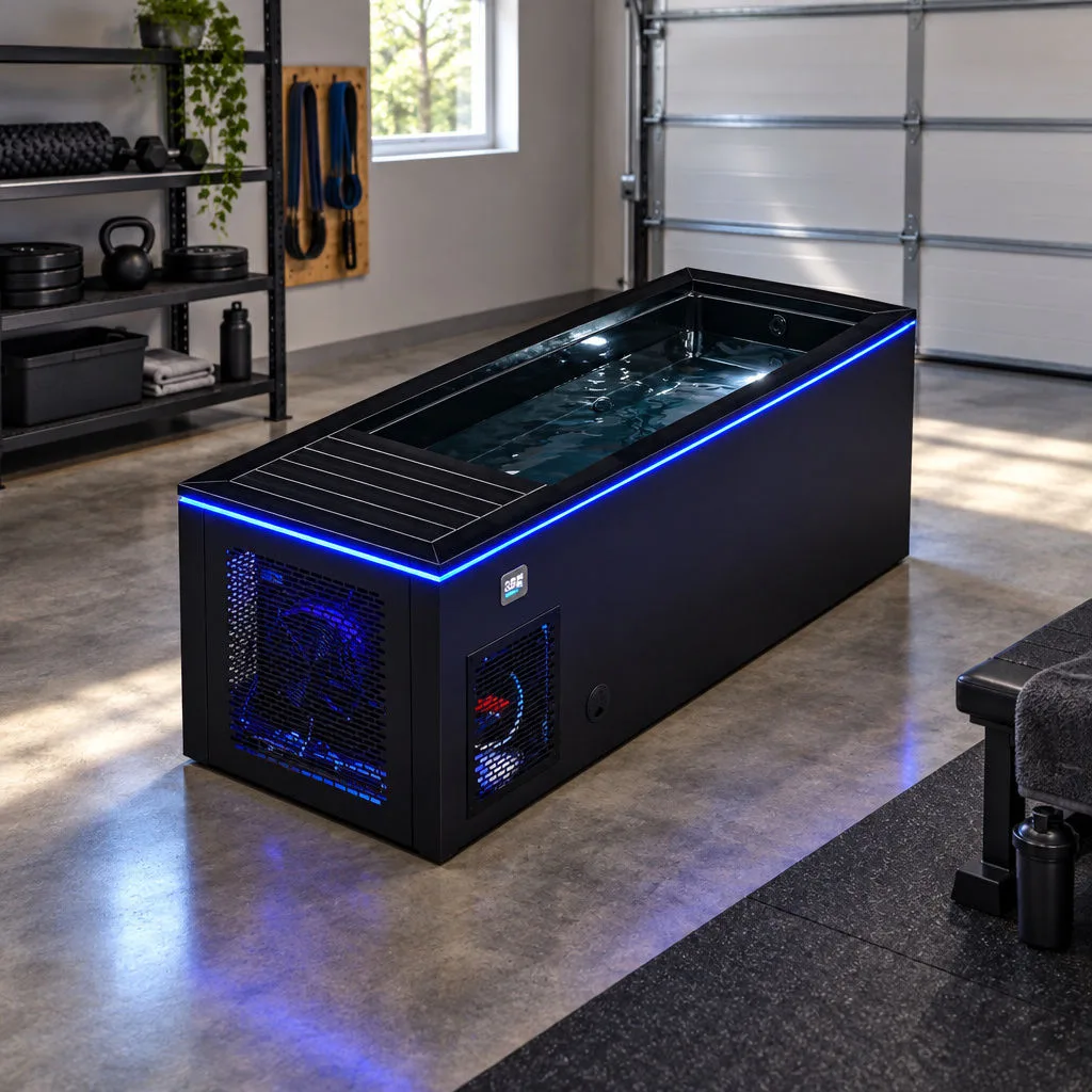 Black Cold Plunge Tub Side Profile and Chiller Ventilation Grille High-angle perspective view highlighting the side profile and interior basin of the black cold plunge tub with slatted chiller ventilation grille