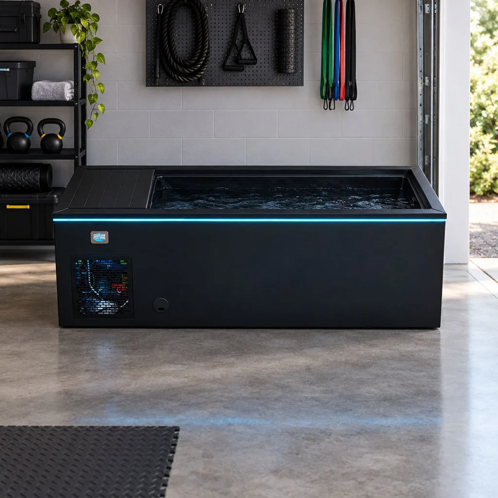 Black OF-CP01 Cold Plunge Tub with Perimeter LED Lighting and Ventilation Grille Front-facing horizontal eye-level studio shot of the black OF-CP01 cold plunge tub with cyan-blue LED strip and louvered ventilation grille