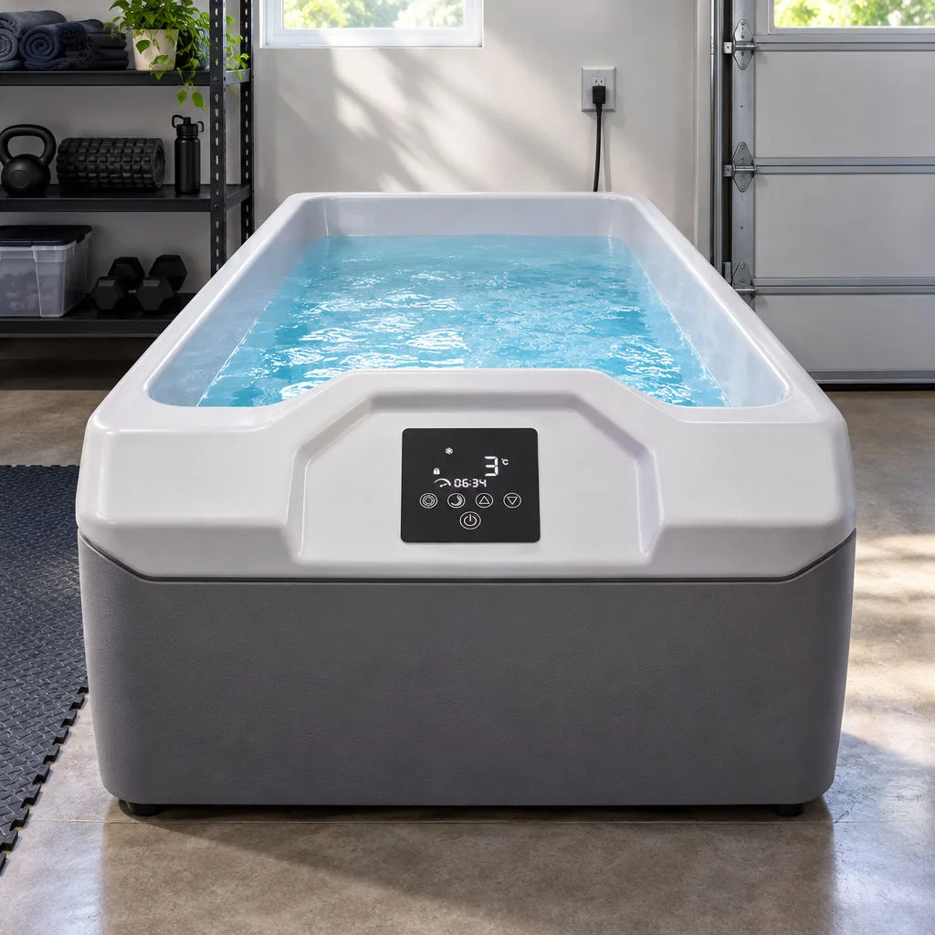Digital Touchscreen Control Panel on White Acrylic Tub Ledge Close-up top-down view of the built-in digital touch control panel on the smooth white acrylic tub ledge showing 3 degrees Celsius and timer