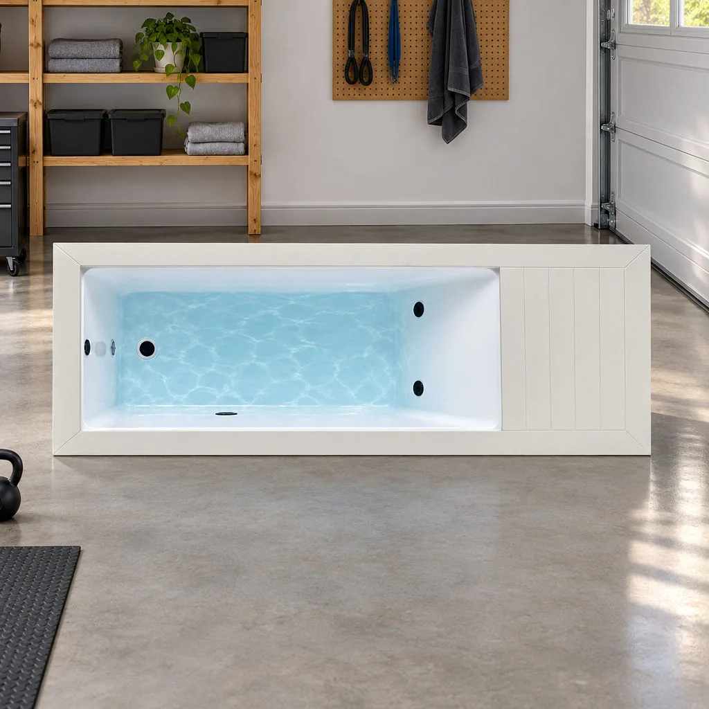 Overhead View of White OF-CP01 Cold Plunge Basin and Equipment Deck Direct overhead plan view of the white finish cold plunge tub showing the Chinese white acrylic basin and segmented equipment access deck
