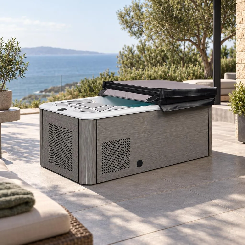 Insulated Thermal Tub Cover Bi-fold black insulated thermal cover resting over a white acrylic cold plunge tub