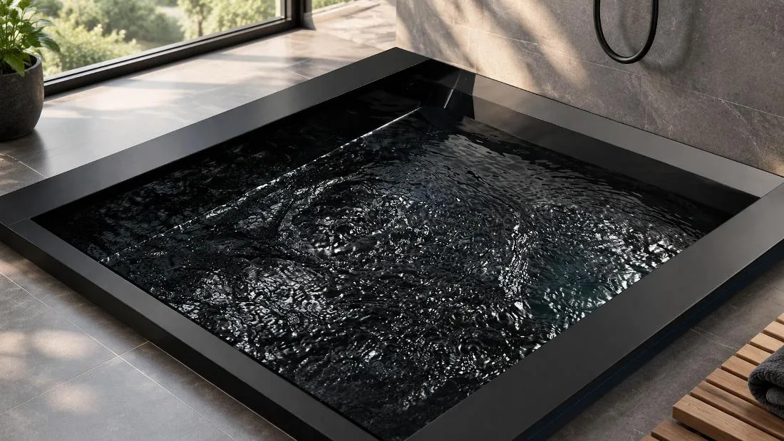 OF-CP02 Cold Plunge Tub Overview Freestanding cold plunge tub with grey wood-grain exterior cabinetry and illuminated water basin