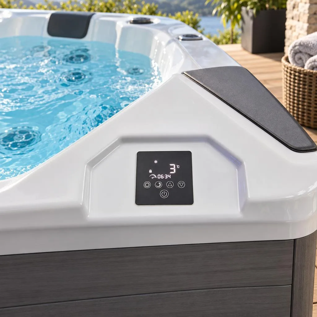 Digital Touch Control Panel Close-up top-down view of the built-in digital touch control panel on the smooth white acrylic tub ledge displaying a 3°C temperature readout