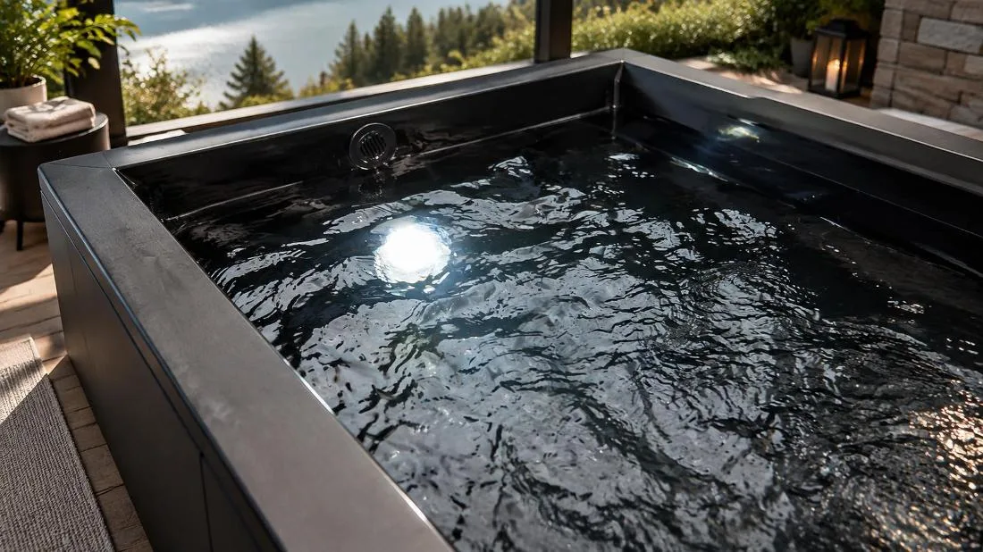 Ergonomic Cold Plunge Tub Cabinet Outdoor rear perspective view of the OF-CP01 cold plunge tub, showcasing the exterior cabinet paneling and durable acrylic shell