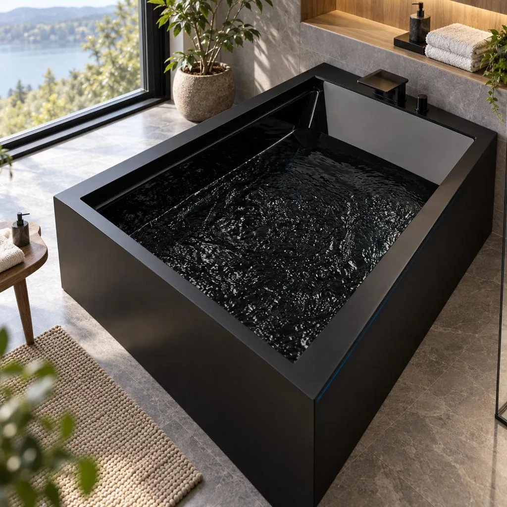 Rectangular Cold Plunge Tub Profile Studio perspective shot of the OF-CP01 cold plunge tub, showcasing the full rectangular profile and interior basin cavity