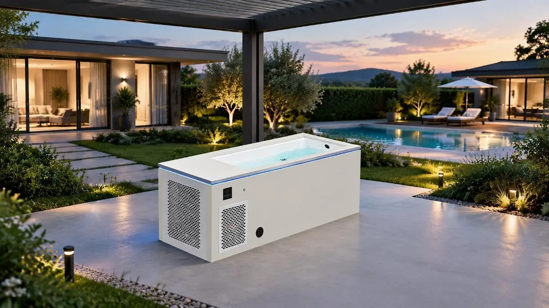 Residential Patio Cold Plunge Tub Installation Outdoor lifestyle application scene showing the OF-CP01 cold plunge tub installed on a modern residential backyard patio