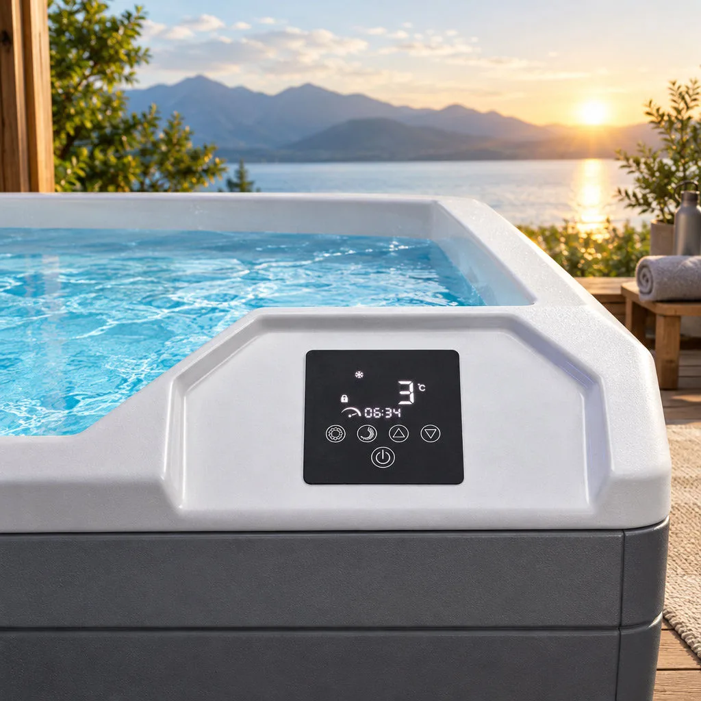 Digital Touchscreen Temperature and Timer Interface Close-up top-down view of the built-in digital touch control panel on the white acrylic tub ledge