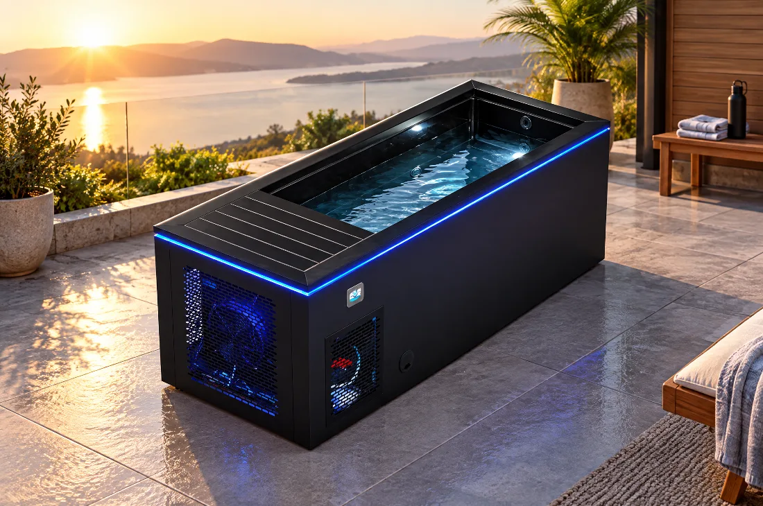Interior Basin and Chiller Ventilation Profile High-angle perspective view highlighting the side profile and interior basin of the black cold plunge tub