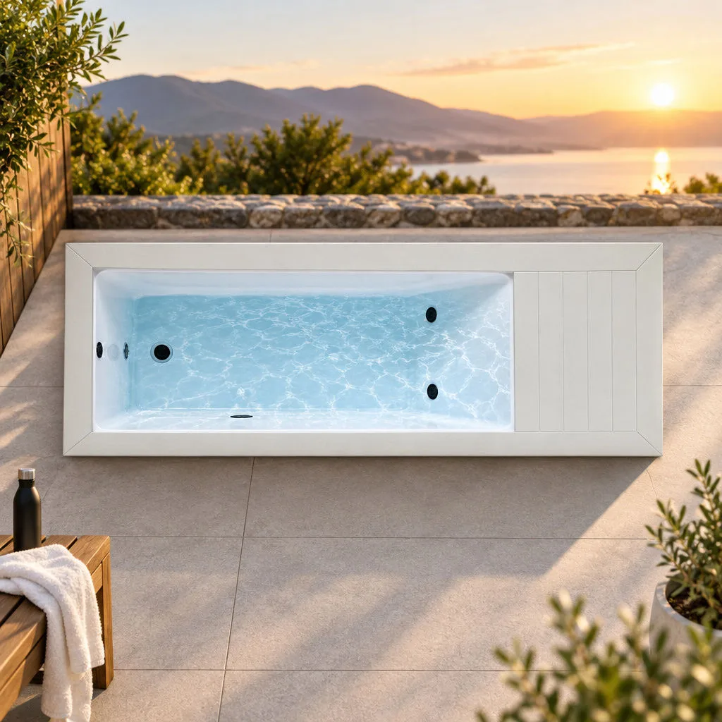 Overhead Layout of Acrylic Basin and Equipment Deck Direct overhead plan view of the white finish cold plunge tub showing dual jet nozzles and acrylic basin