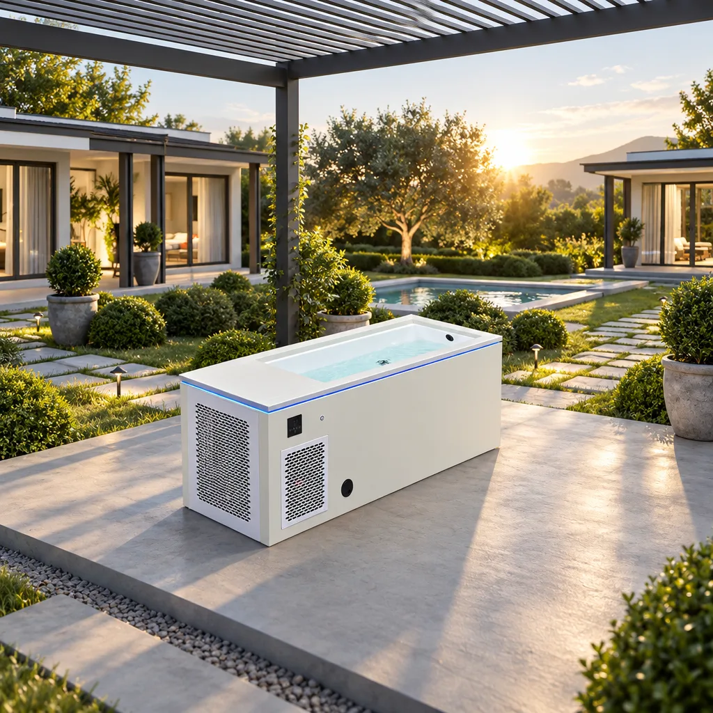 Residential Backyard Cold Plunge Installation Outdoor lifestyle application scene showing the OF-CP01 cold plunge tub installed on a modern residential backyard patio