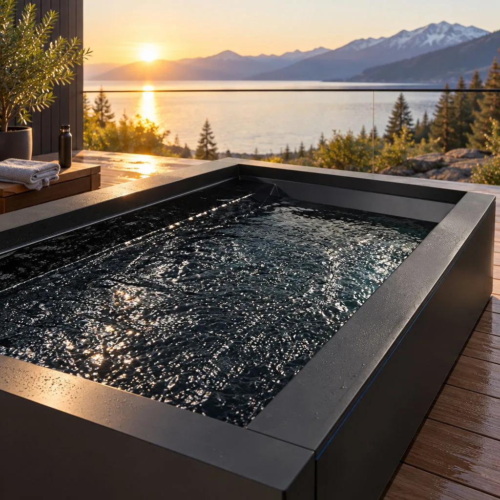 Single Person Cold Plunge Tub Cabinet Studio perspective shot of the OF-CP01 cold plunge tub showcasing the rectangular profile and interior cavity