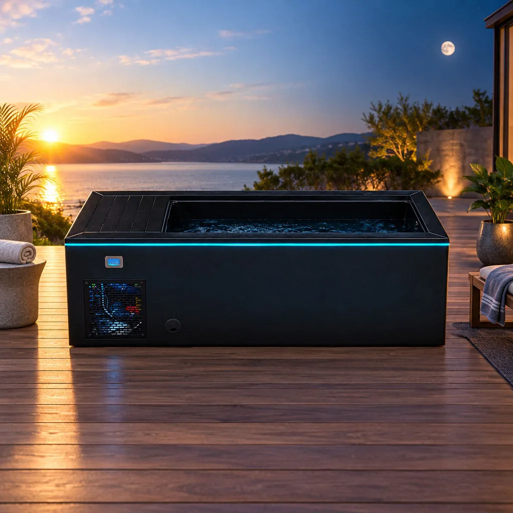 Ambient LED Accent Lighting Front horizontal view of the black OF-CP01 cold plunge tub with ambient cyan LED lighting