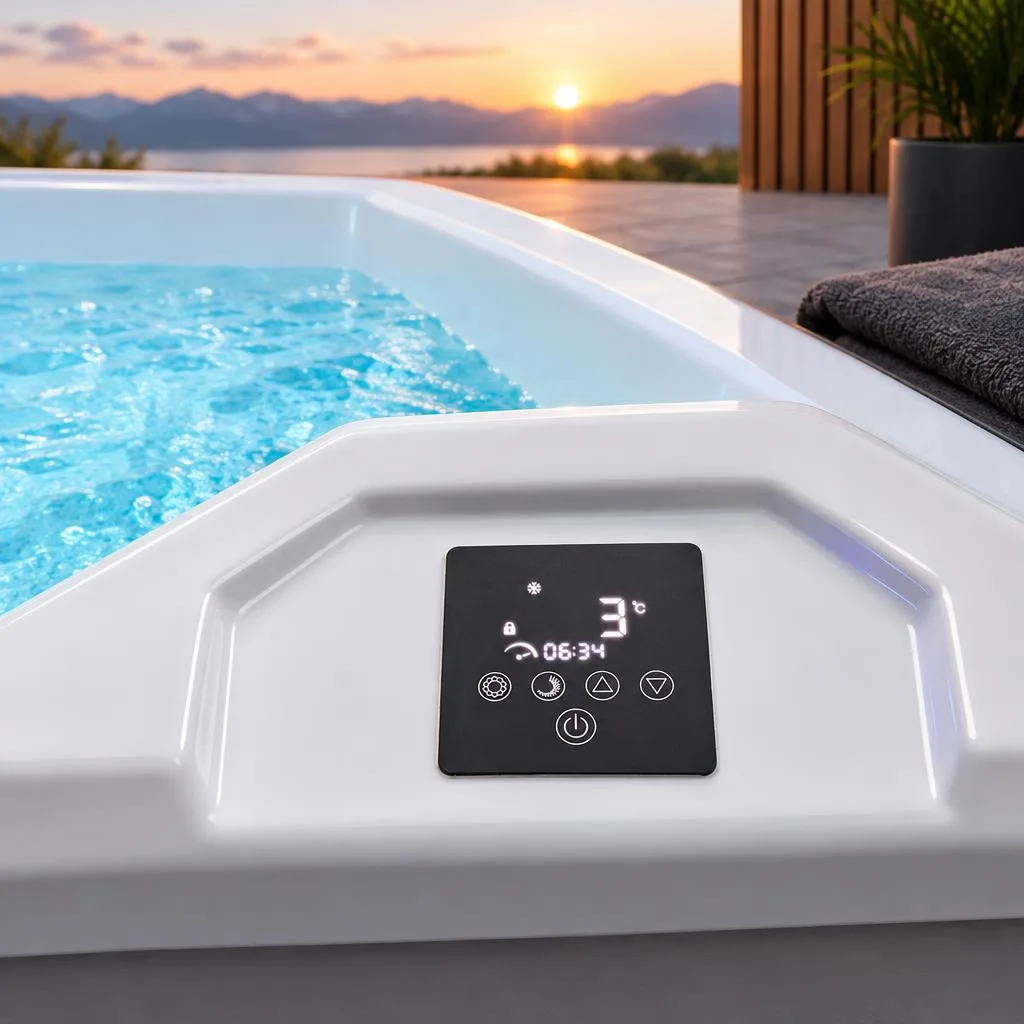 Digital Touchscreen Controls Close-up view of the OF-CP01 digital touch control panel on the tub ledge