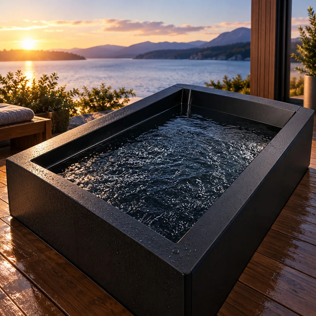 OF-CP01 Freestanding Profile Studio perspective view of the OF-CP01 cold plunge tub showcasing sleek cabinet skirts