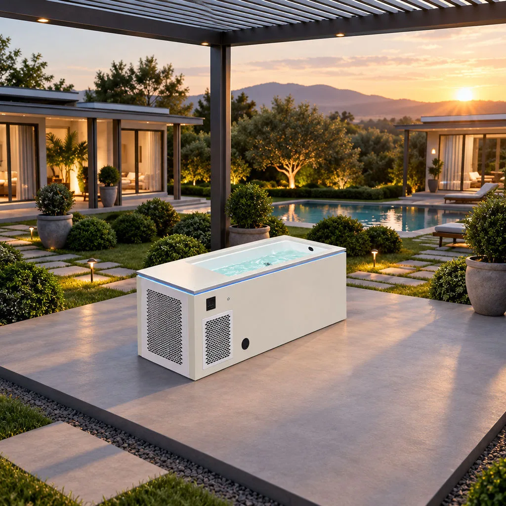 Residential Patio Installation Outdoor lifestyle view of the OF-CP01 cold plunge tub installed on a residential backyard patio