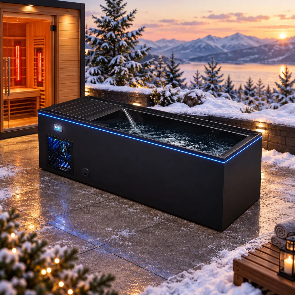 Black OF-CP01 Cold Plunge Tub with LED Perimeter Lighting 45-degree elevated view of the black OF-CP01 cold plunge tub showing perimeter blue LED lighting and slatted deck cover