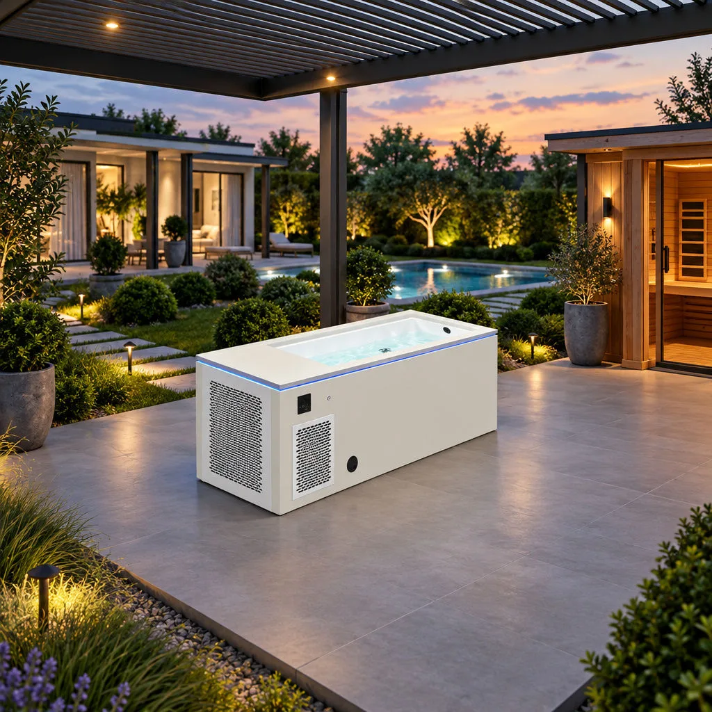 OF-CP01 Cold Plunge Tub on Residential Patio Outdoor lifestyle scene of the OF-CP01 cold plunge tub installed on a modern residential backyard patio