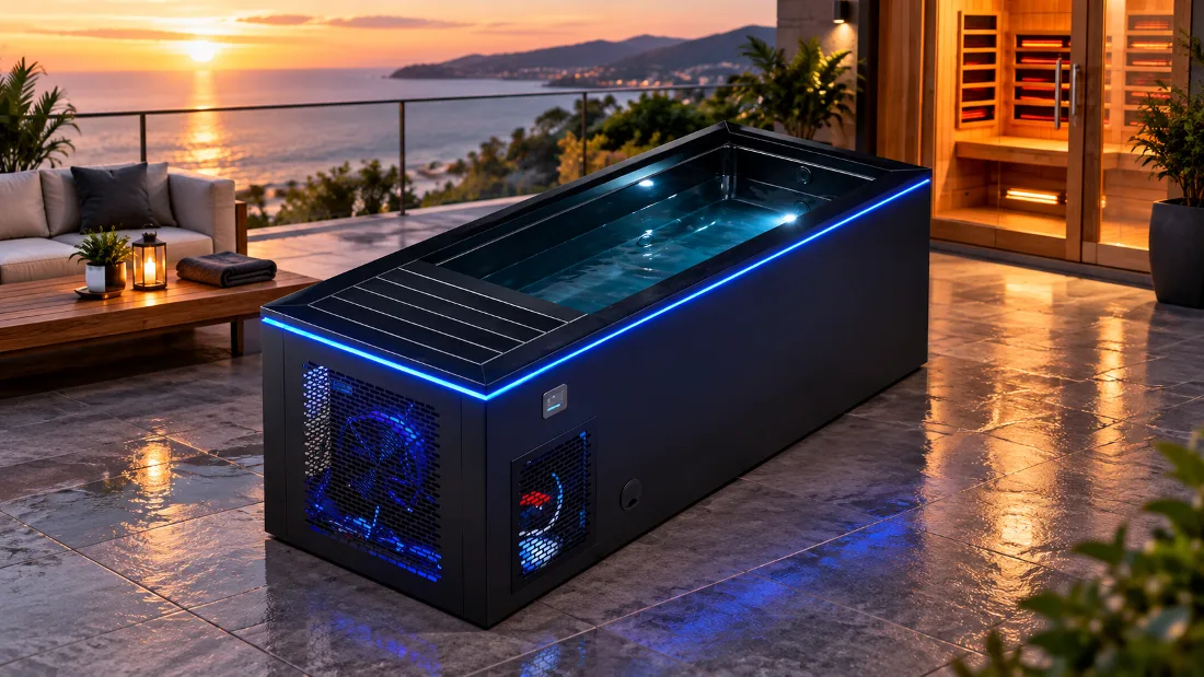 Side Profile and Chiller Ventilation Grille of OF-CP01 High-angle side profile of the black OF-CP01 cold plunge tub showing glowing interior water and slatted chiller ventilation grille