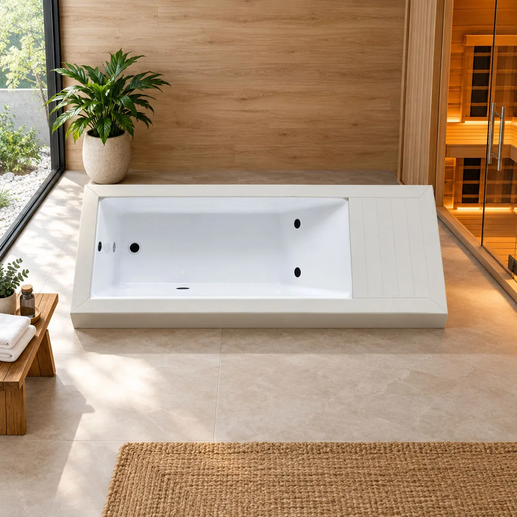 White OF-CP01 Cold Plunge Tub Overhead Plan View Overhead plan view of the white OF-CP01 cold plunge tub showing interior white acrylic basin, dual jets, and segmented deck