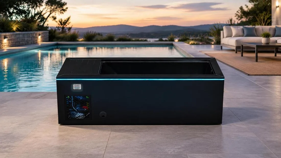 Black Cabinet Cold Plunge System Front horizontal view of the black cold plunge tub showing blue LED accent line and chiller ventilation grille