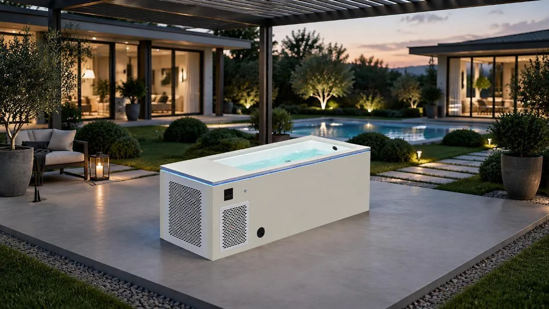 Outdoor Cold Plunge Installation Cold plunge tub installed on an outdoor residential patio surrounded by modern landscaping
