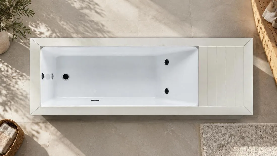 White Acrylic Cold Plunge Tub Interior Overhead plan view of the white acrylic cold plunge basin with dual hydrotherapy jets and drain fittings