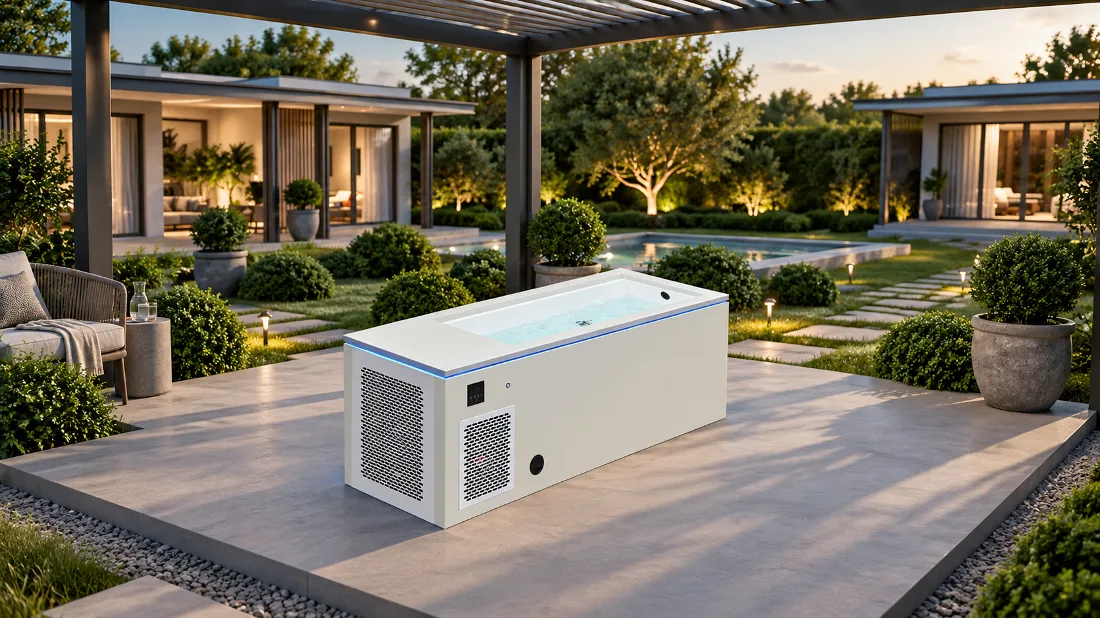 OF-CP01 Cold Plunge Tub Outdoor Patio Installation Outdoor installation of the OF-CP01 cold plunge tub on a residential backyard patio