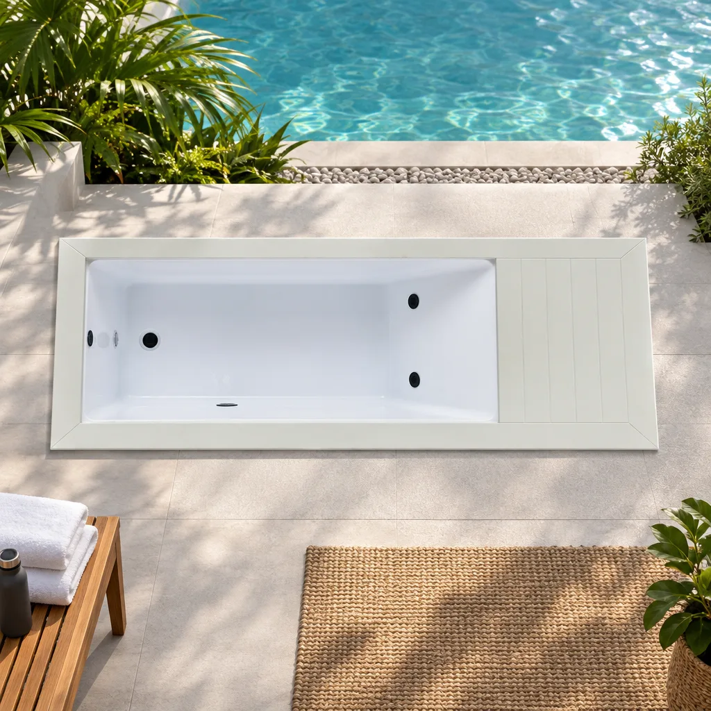 White OF-CP01 Cold Plunge Tub Interior Basin and Deck Overhead plan view of the white OF-CP01 cold plunge tub showing the Chinese white acrylic basin, dual black jet nozzles, and equipment access deck