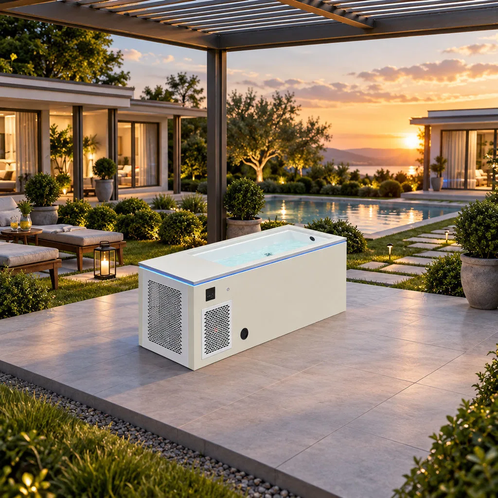 OF-CP01 Cold Plunge Tub on Backyard Patio Outdoor lifestyle application scene showing the OF-CP01 cold plunge tub installed on a modern residential backyard patio