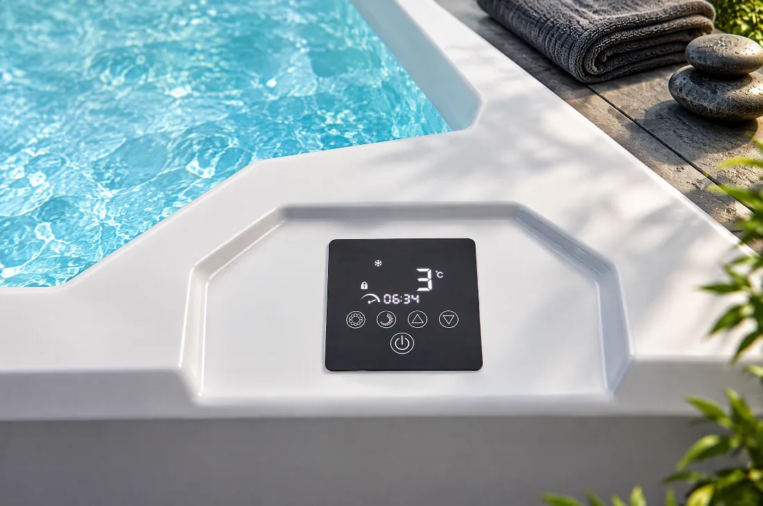 OF-CP01 Digital Touchscreen Control Panel Close-up top-down view of the built-in digital touch control panel on the smooth white acrylic tub ledge