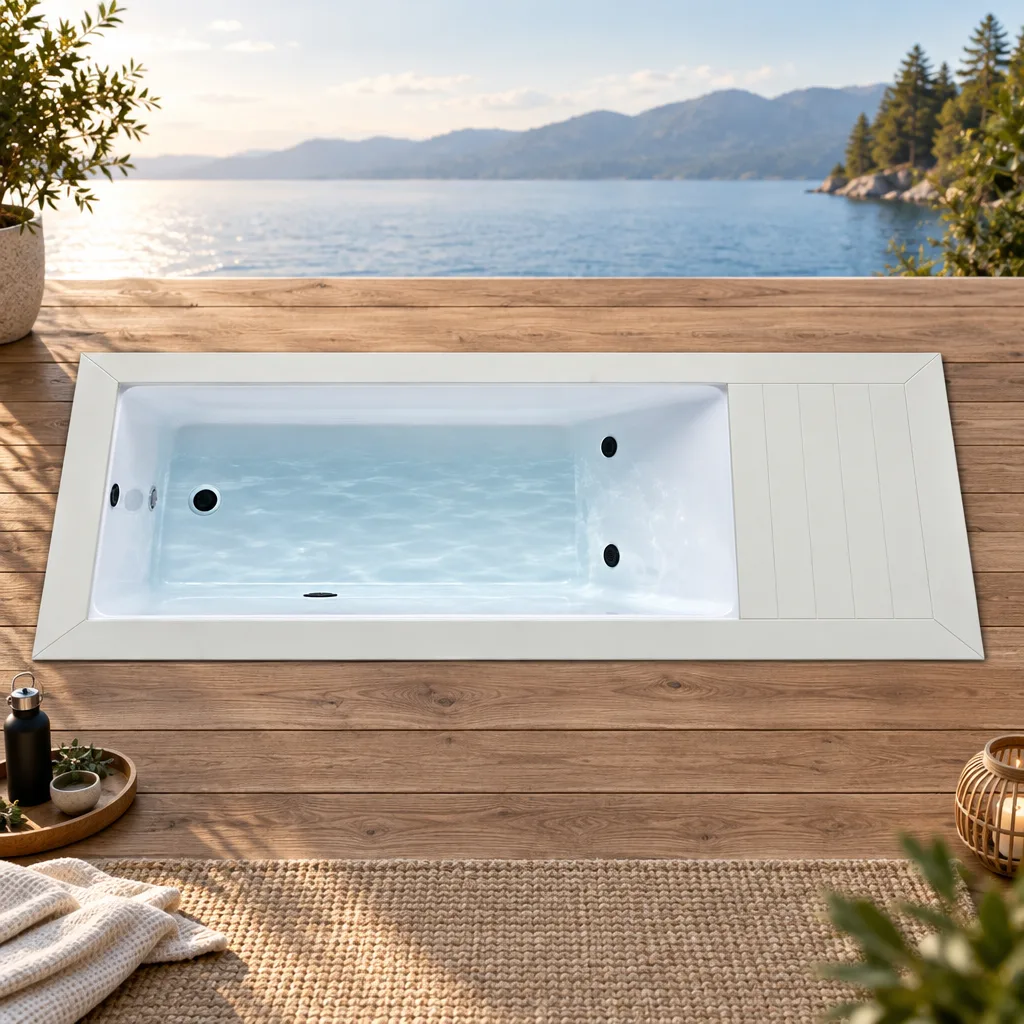 White OF-CP01 Cold Plunge Tub Interior Basin and Deck Direct overhead plan view of the white finish cold plunge tub showing the Chinese white acrylic basin and dual jets