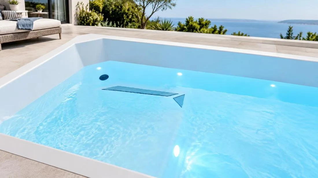 Ergonomic Seated Tub Interior with LED Illumination High-angle top-down shot looking into the illuminated interior of the cold plunge tub filled with clear turquoise water