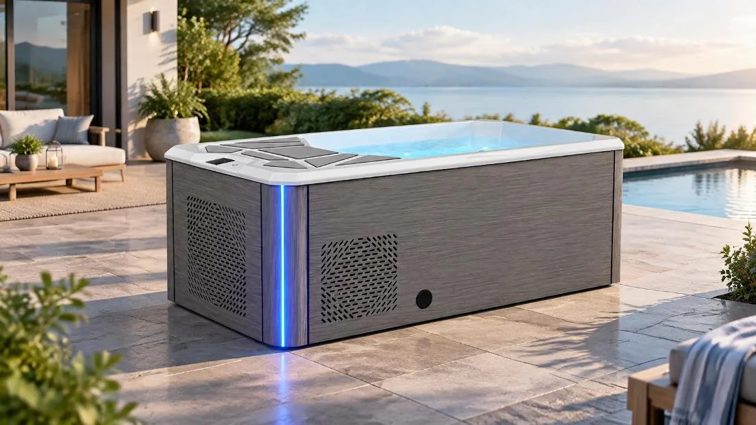Freestanding Cold Tub with Architectural Composite Siding Three-quarter perspective studio shot of the OF-CP02 cold plunge tub showcasing composite wood-textured siding and illuminated blue accent lighting