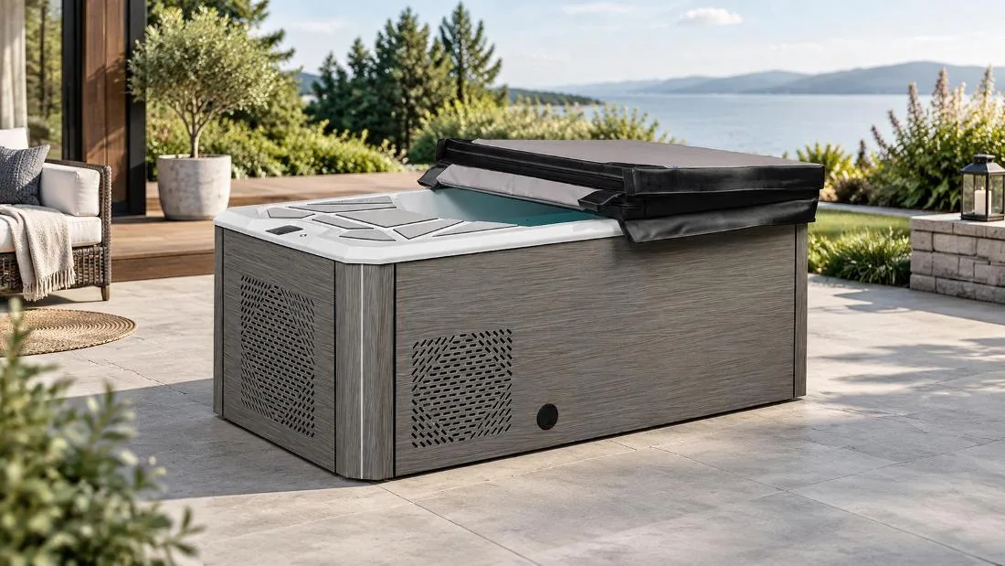 Insulated Bi-Fold Protective Cover Three-quarter perspective view of the cold plunge tub showing the heavy-duty bi-fold black insulated thermal cover resting in a partially opened position