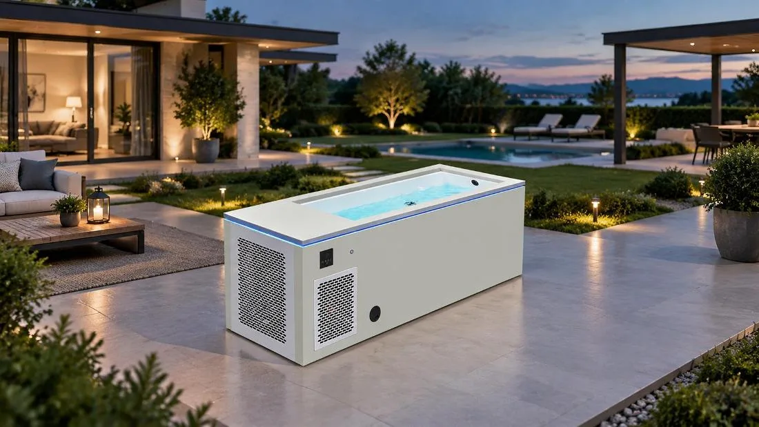 Residential Cold Plunge Tub Installation Outdoor lifestyle application scene showing the OF-CP01 cold plunge tub installed on a modern residential backyard patio, demonstrating how its sleek architectural design integrates into outdoor landscaping and home wellness spaces.
