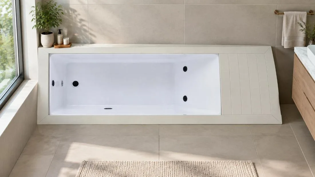 White Acrylic Cold Plunge Basin Direct overhead plan view of the white finish cold plunge tub isolated against a plain white background. The shot reveals the interior Chinese white acrylic basin fitted with dual black jet nozzles, overflow drain, and floor drainer, alongside the matching segmented flat equipment access deck on the right.