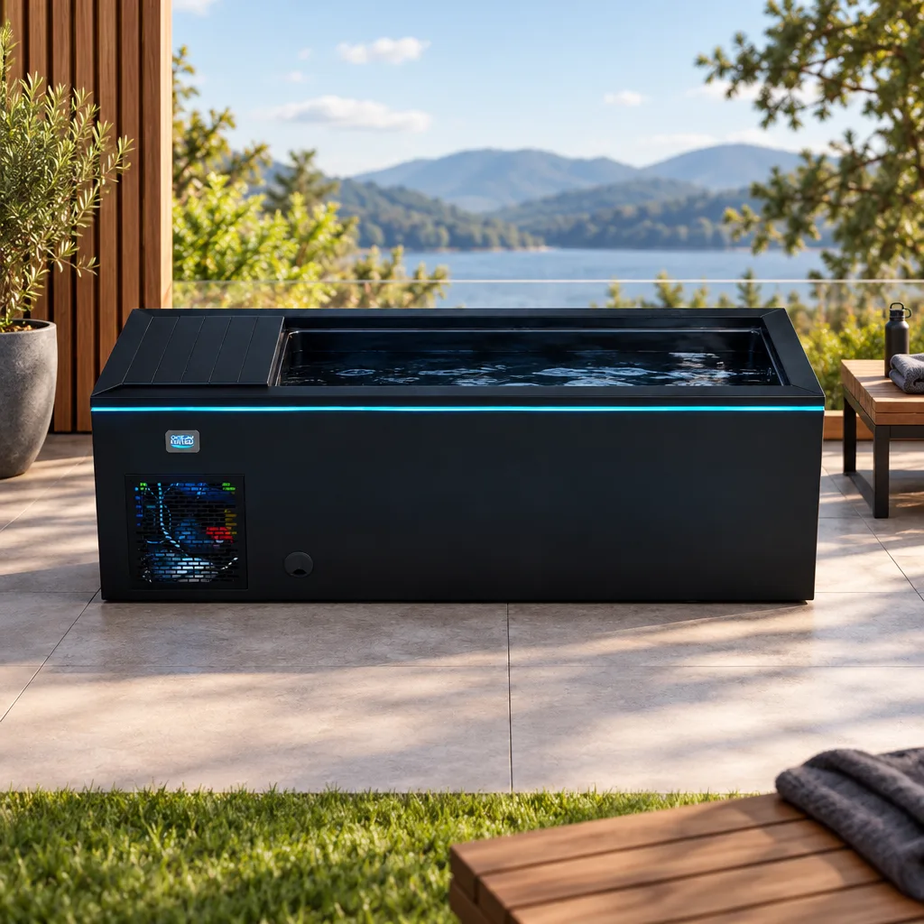 OF-CP01 Black Cabinet Cold Plunge with LED Lighting Front view of the black OF-CP01 cold plunge tub showing blue perimeter LED lighting and chiller ventilation grille